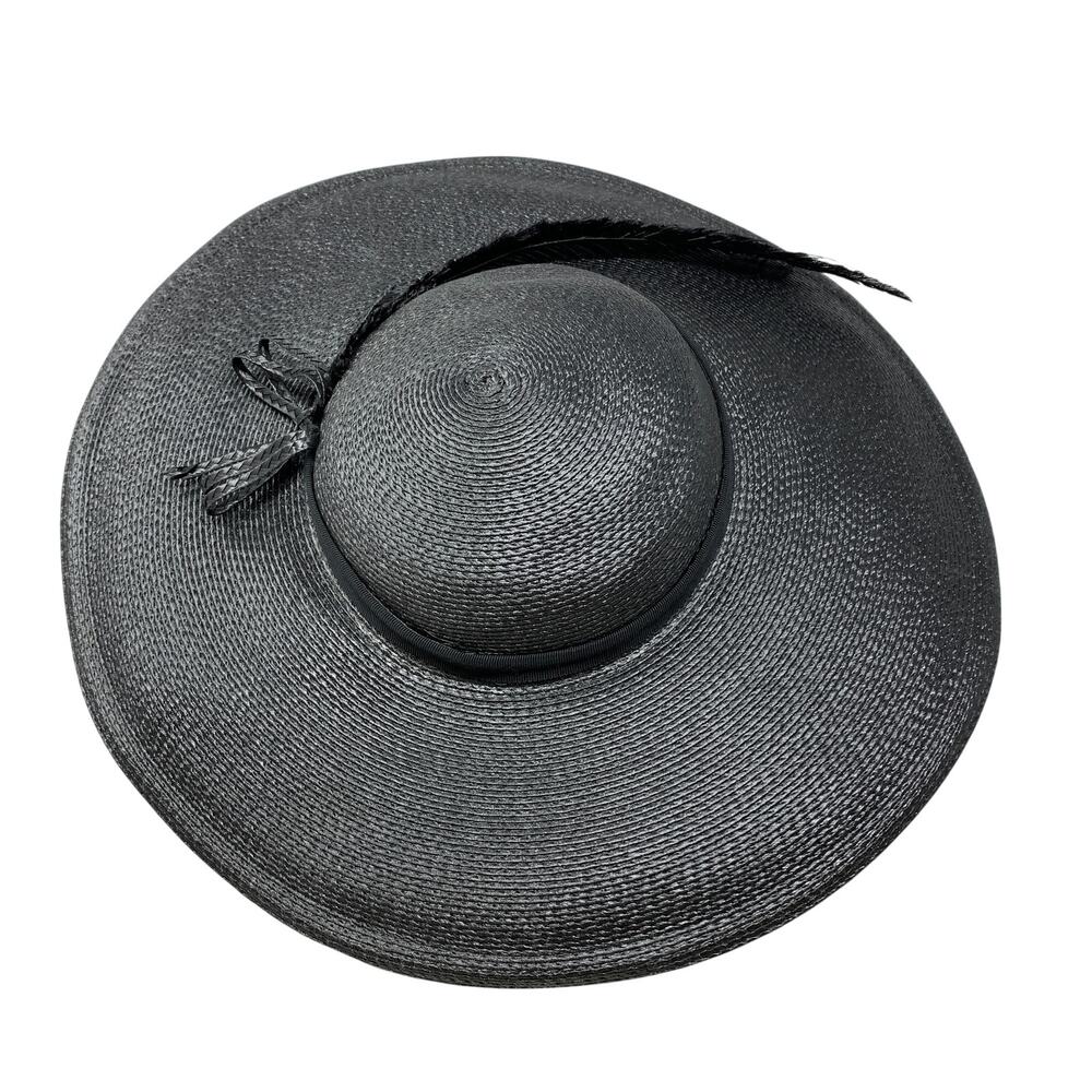 Vintage 1950s Sylvia Black Wide Brim Hat Feather Bow New York St Louis